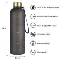Botella de agua de plástico esmerilado de 1000ml sin BPA, logotipo personalizado, 32oz, marcador de tiempo de bebida deportiva para gimnasio para viajes al aire libre, PC de silicona Dual