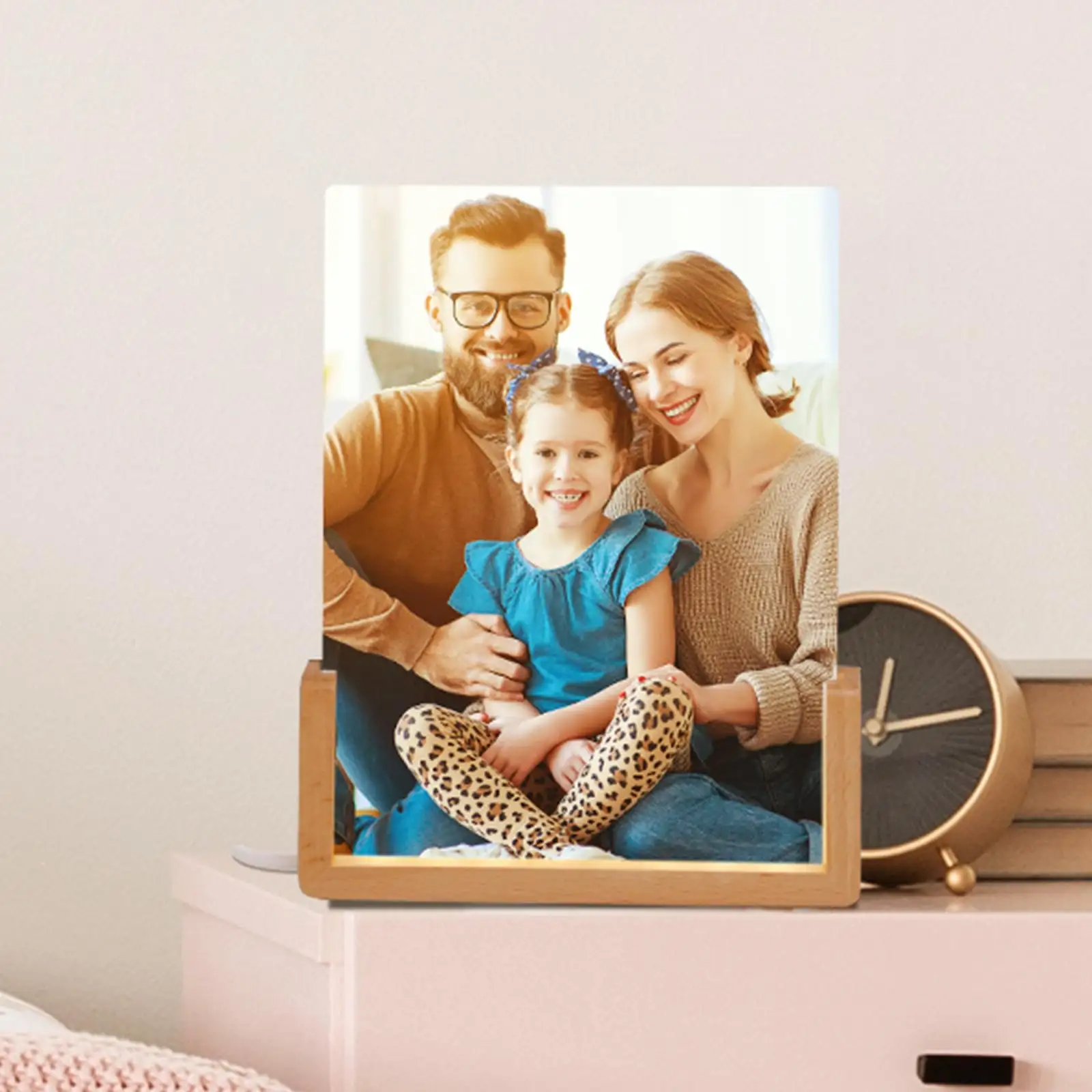 Mother's Day Photo Night Light Frame U-Shaped Wooden Picture Frame Base 6" X 8" Sublimation Glass Photo Frame With LED Light