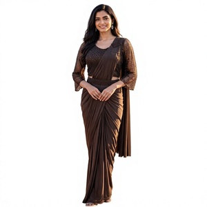 Sari élégant en polyester marron avec chemisier perlé pour femme, idéal pour les mariages, coupe classique, longueur ras du sol, extensible, style indien - Product Image 1
