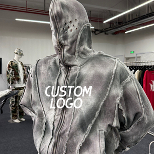 Sudadera con capucha corta Y2K personalizada de algodón con lavado ácido, estilo casual, desgastada, holgada, vintage, con estampado de camuflaje de pato, con cremallera completa, para venta al por mayor - Product Image 1