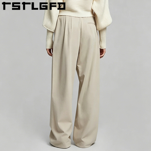 Custom Wide Leg Pleated Trousers Cream Double Pleats <b>Old</b> Money Style Loose Fit Baggy Slacks Wholesale Bulk - Product Image 2