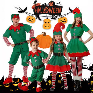Costumes d'elfes de Noël en coton vert, tenues familiales pour enfants et adultes, déguisements pour fête d'Halloween, vêtements de spectacle - Product Image 1