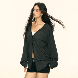 Aaisup <span class=keywords><strong>Cardigan</strong></span> décontracté en maille à col en V <span class=keywords><strong>gris</strong></span> style américain pour <span class=keywords><strong>femme</strong></span>, printemps automne, coupe décontractée, protection solaire, manches longues fines, couleur unie - Product Image 4