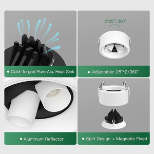 Faretto da Incasso a Soffitto XRZLux 8W Regolabile in Alluminio Anti-Riflesso per Hotel, Orientabile a 25°, Doppia Testa <span class=keywords><strong>LED</strong></span> <span class=keywords><strong>Downlight</strong></span> ETL SAA - Product Image 3