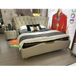 Grosir tempat tidur lapis Modern furnitur kamar tidur dapat disesuaikan bingkai kayu ganda tahan air lembut dengan sandaran kepala dan penyimpanan