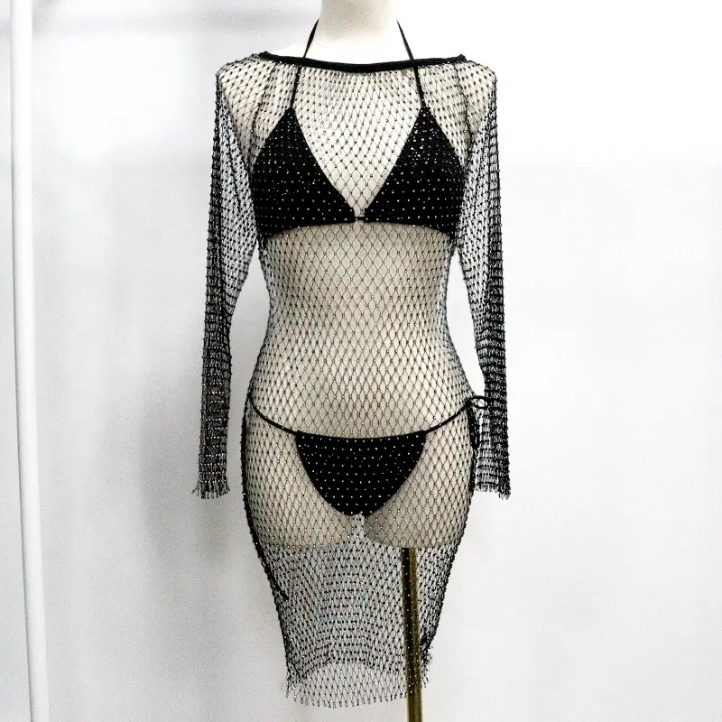 PM041 New Crystal Diamond Strand kleid Sexy Netz Netz Strass Mesh Bodysuit Club Bikini Cover UP
