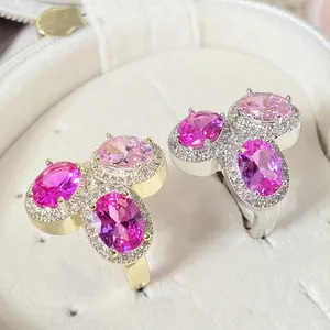 Thời Trang Đồ Trang Sức Solitaire Cocktail Nhẫn Màu Hồng Đá Hình Bầu Dục Cắt Zircon Cubic Zirconia Vòng