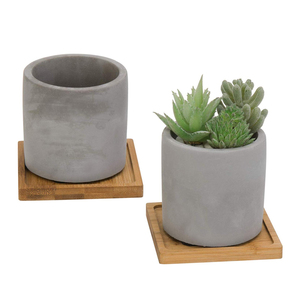 Rustic Cylinder <strong>Cement</strong> Planter Pot with Square Bamboo <strong>Tray</strong> - Product Image 1