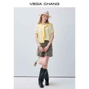 <span class=keywords><strong>Pull</strong></span> en tricot rayé jaune et blanc VEGA CHANG pour femme <span class=keywords><strong>avec</strong></span> châle en tricot intégré et <span class=keywords><strong>manches</strong></span> courtes, style décontracté preppy - Product Image 3