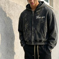 Sweat-shirt à capuche zippé noir délavé vintage pour homme, imprimé éclaboussures d'étoiles et lettres, coupe oversize courte, style streetwear