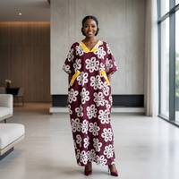 Gaun Maxi Kaftan Afrika Ankara Berbahan Rayon OEM Khusus, Bermotif Lima Kelopak Simetris, Bernapas, dan Menawan untuk Perayaan