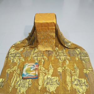Ensemble complet de luxe Mustard Gold Fransawi Dirac imprimé floral avec panneau brodé pour tenue de fête de mariage somalienne - Product Image 1