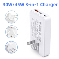 Chargeur GaN ultra-plat 30W 45W 3 ports 2 USB C USB A PD Charge rapide Adaptateur mural Prise de voyage pour iPhone Samsung