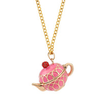Nouveau collier pendentif ouvrable en émail théière rose |   Pendentif tasse de thé à longue chaîne pour femme, bijoux de mode, vente en gros, cadeau en stock