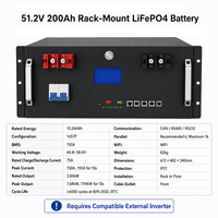 Batterie au lithium LiFePO4 pour montage en rack, 51,2 V 200 Ah 10,24 kWh, pack de stockage d'énergie avec disjoncteur 150 A, BMS, sortie frontale