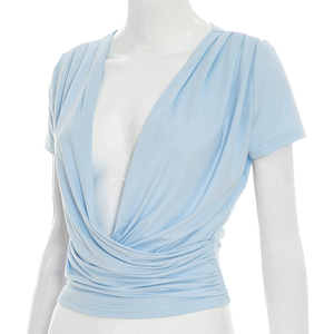 Viviblook Y26TP230 Camiseta Casual de Verano para Mujer, Nueva Moda, Color Sólido, Manga Corta, Sexy, Cuello Cruzado, Top de Manga Corta - Product Image 2