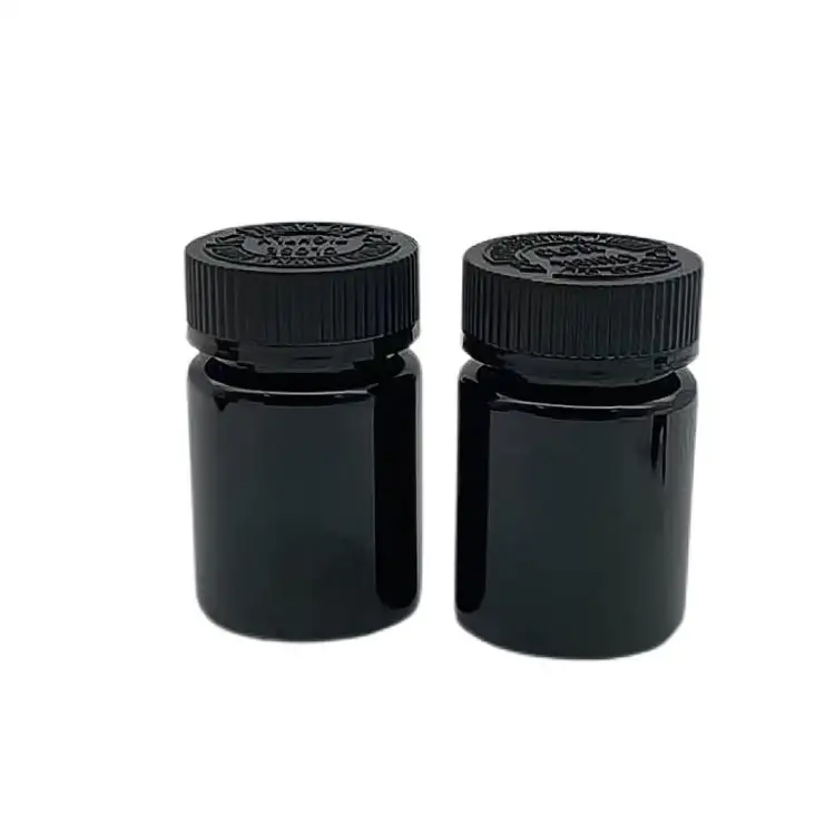 60ml 2oz negro brillante PET medicina botella de plástico cápsula redonda tarros de polvo sólido con 38mm de boca ancha