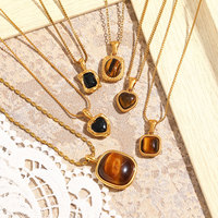 Nouveau collier tendance plaqué or en acier inoxydable avec chaîne à maillons, pendentif breloque cœur carré en pierre œil-de-tigre pour femme