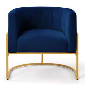 Fauteuil d'appoint en velours bleu marine avec structure en métal doré, dossier incurvé, style mid-century, pour salon et détente - Product Image 2