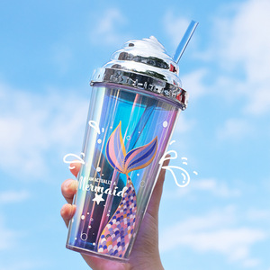 Gobelet isotherme réutilisable en plastique à double paroi avec paille, motif sirène, logo personnalisé, 420 ml, pour le <span class=keywords><strong>camping</strong></span> - Product Image 3
