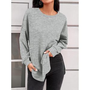 Sudadera de cuello redondo para mujer, manga larga, dobladillo asimétrico, corte holgado, informal, para otoño, color gris - Product Image 5