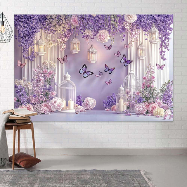 Romantic Purple Butterfly Flower Print Theme Backdrop Party Happy Birthday Wedding Decoration Background Backdrops