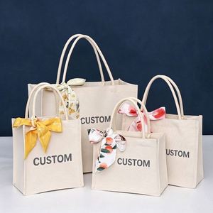 Natural Cotton Linen Canvas Tote Bag Plain Handbag for DIY Hand Painting Craft with <b>Ribbon</b> - Product Image 1