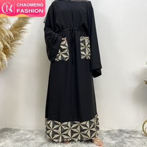 6402# Fashion Simplicity Nida <b>Fabric</b> With Small <b>Sequins</b> Tassel Front Pockets Casual Hidden Belt Crew Neck Muslim Dress - Product Image 1