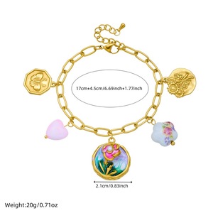 Vintage Enamel Floral Jewelry <b>Set</b> Gold Plated Necklace And <b>Bracelet</b> For Women With Rose And Butterfly Charms - Product Image 4