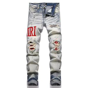 Factory Wholesale Customized Brand Logo High Quality Amiriy Distressed Patch Embroidered Stretch Skinny <b>Jeans</b> for Men - Product Image 6