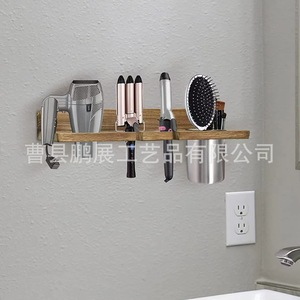 Estante de pared de madera para secador de pelo con organizador de rodillos y peines, color quemado, estante de baño duradero - Product Image 5