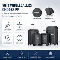 Valise rigide PP pour bagages à main, noire, ensemble de voyage, coque côtelée, testée par un tiers, assortiment de vente au détail du fabricant