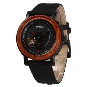 Venta al por mayor choque correa de lona-BEWELL-Relojes de pulsera automáticos de madera, impermeables, 3ATM, con caja de Metal y madera, bisel de madera, personaliza tu reloj