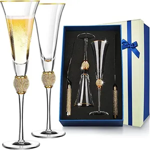 European Gold Rimmed Diamond-Wrapped Glass Red Wine Champagne Glasses And Cake Knife Set For Wedding Set