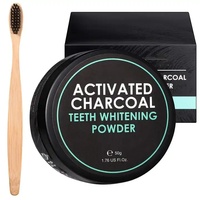 Logo personnalisé 50g de poudre de blanchiment des dents au charbon actif naturel de noix de coco avec brosse à dents en bambou