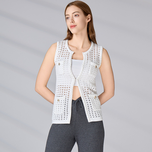 Gilet cardigan sans manches ajouré en maille anti-boulochage 100 % coton pour femme, idéal pour l'été - Product Image 1