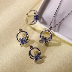Fashion new twisted shape cross round inlaid white blue color zircon necklace ring earrings brass silver plated jewelry set