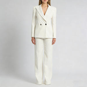 Ensemble <span class=keywords><strong>tailleur</strong></span> élégant 2 pièces pour <span class=keywords><strong>femme</strong></span>, rayé ivoire, blazer croisé en mélange de lin et <span class=keywords><strong>pantalon</strong></span> large, idéal pour le bureau - Product Image 2