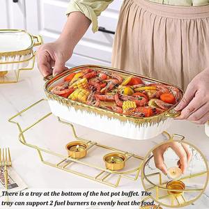 Cacerola Ovalada de Cerámica y Mármol Dorado Personalizada de Fábrica, Olla para Sopa de 11/13/15 Pulgadas con Soporte de Hierro y Tapa de Vidrio - Product Image 6