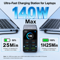 Chargeur de bureau USB GaN 140W avec écran, 6 ports USB-A USB-C, station de charge rapide pour téléphones et ordinateurs portables, certifié CE ROHS FCC UL