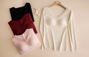 <strong>Ladies</strong> V Neck <strong>Thermal</strong> <strong>Long</strong> <strong>Sleeve</strong> Top Built in Cup Warm Base Layer Slim Fit Sculpting Seamfree Support Shirt Winter - Product Image 6
