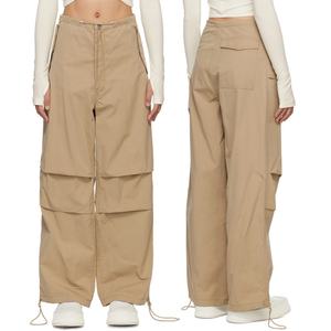 กางเกงขายาวทรงตรงจีบพลีทเอวสูงสำหรับผู้หญิง สีกากี ขากว้าง ผ้าฝ้ายทวิล - Product Image 5