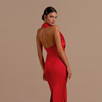 Robe Longue Plissée Dos Nu Sexy à Col Rabattu pour Femme, Robe Longue Maxi en Satin Rouge Sans Manches à Design Drappé pour Soirées et Clubs