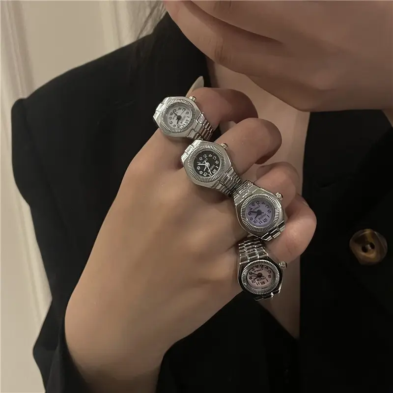 Fashion Punk Style Stainless Steel Watch Ring Mini Clock Silver Stretch Watch Ring for Men and Women Jewelry