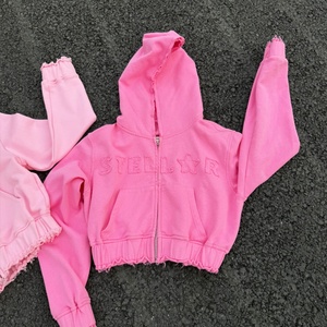 Custom Women Zipper Applique Embroidery Patch Pullover Hoodies pink <b>Cropped</b> Top Distressed <b>Zip</b> <b>up</b> Hoodie Women - Product Image 3