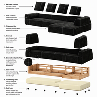 Canapé modulaire en forme de L, style moderne minimaliste, obsidienne noire et blanche, surpiqûres contrastées, pour grand appartement