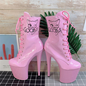 Stivaletti da Donna <span class=keywords><strong>alla</strong></span> Moda Impermeabili con Plateau 8" (20cm), Tacco Alto Sottile, Design Sexy con Gattino Rosa, Lacci Superiori - Product Image 4