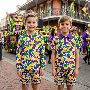 Conjunto de 2 Piezas para Niños Pequeños, Sudadera con Capucha/Polo y Pantalones Cortos, Estampado de Camuflaje de Cangrejo de Río y Cocodrilo para Mardi Gras, Venta al Por Mayor - Product Image 1