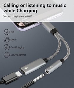 Câble de charge rapide 60W USB 2-en-1 avec adaptateur PD Type C <span class=keywords><strong>et</strong></span> prise <span class=keywords><strong>jack</strong></span> 3,5 mm pour casque, gaine TPE, conducteur en cuivre étamé - Product Image 5