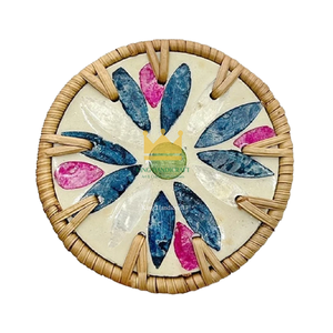 Posavasos Redondo de Mimbre con Arte de Concha de Nácar Hecho a Mano, Tapetes Rústicos para Bebidas, Decoración para Mesa de Café, Colección de Regalos - Product Image 1